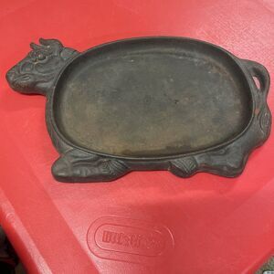 Vintage Cast Iron Cow Bull Sizzling Steak Plate Serving Warming Platter Fajita